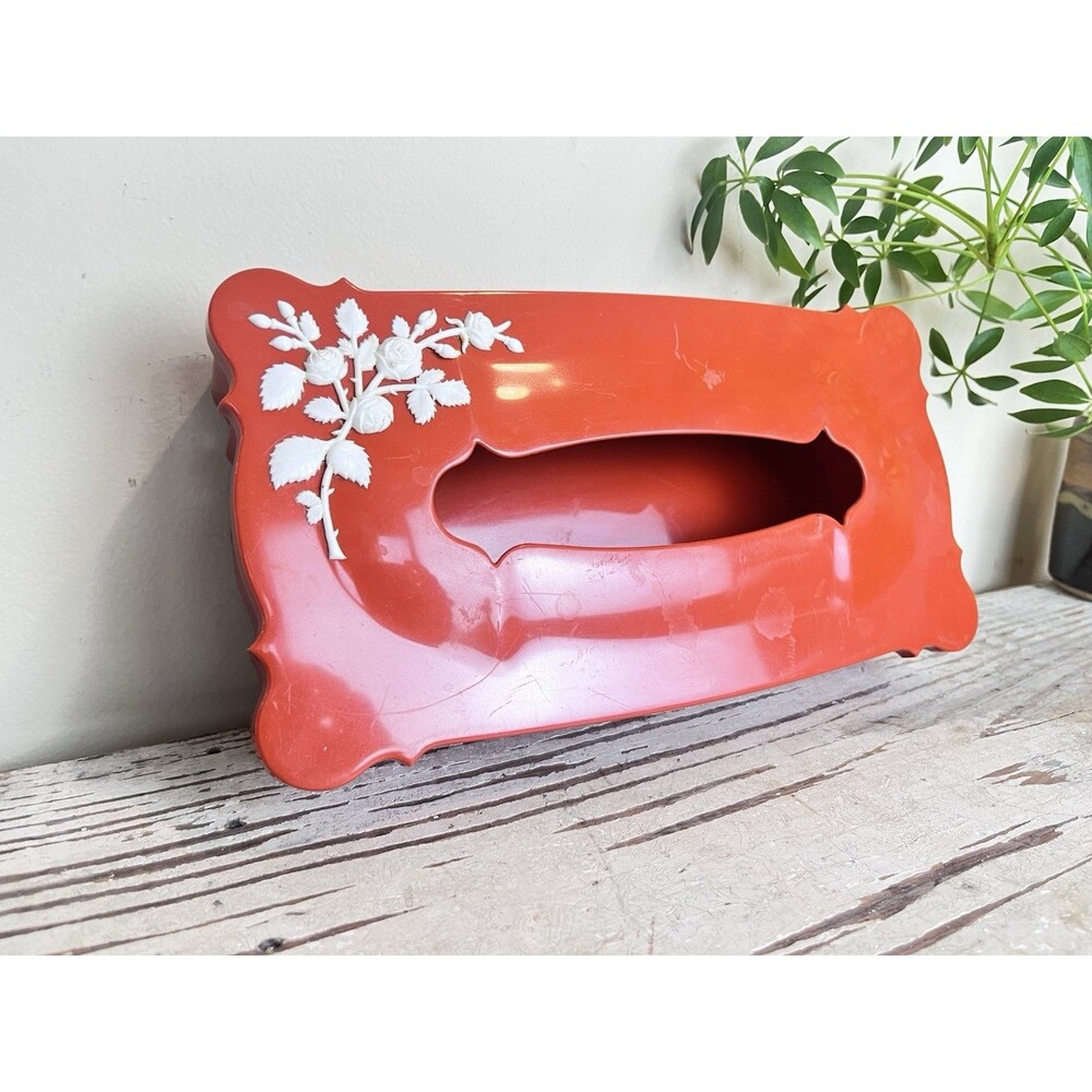 Vintage Schwarz Bros Plastic Burnt Orange Tissue Box Cover White Flower Detail